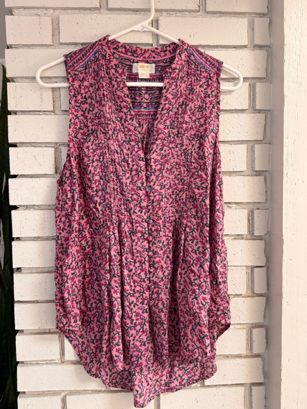 Anthropologie Maeve Sleeveless Pintuck Floral Blouse Pink Boho Top Women's